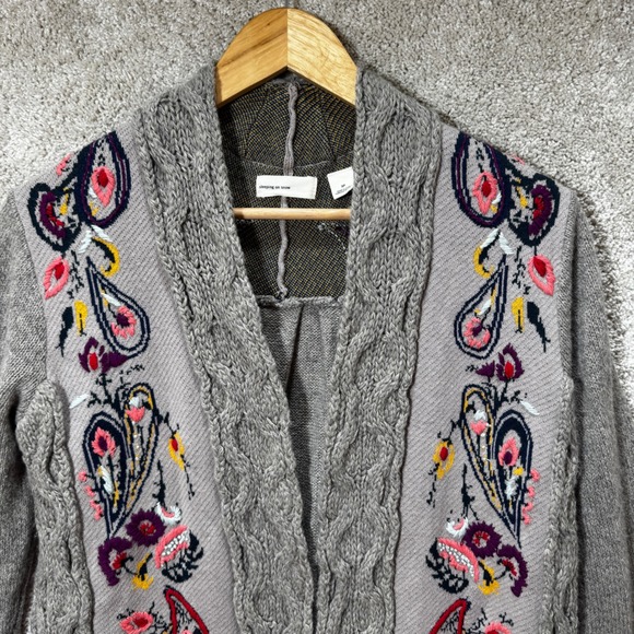 Anthropologie Sleeping On Snow Folklore Embroidered Fringe Cardigan Gray - Picture 4 of 12